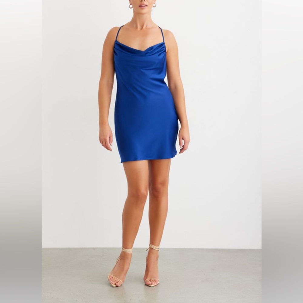 With tags!! Blue cowl neck satin dress